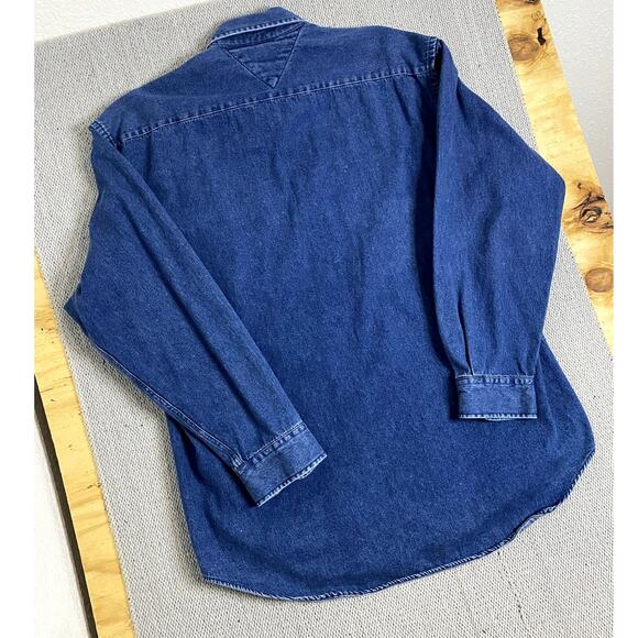 Tommy Hilfiger Vintage Denim Shirt Mens M Blue/Red Checkerboard Crest Preppy Big - Picture 3 of 12
